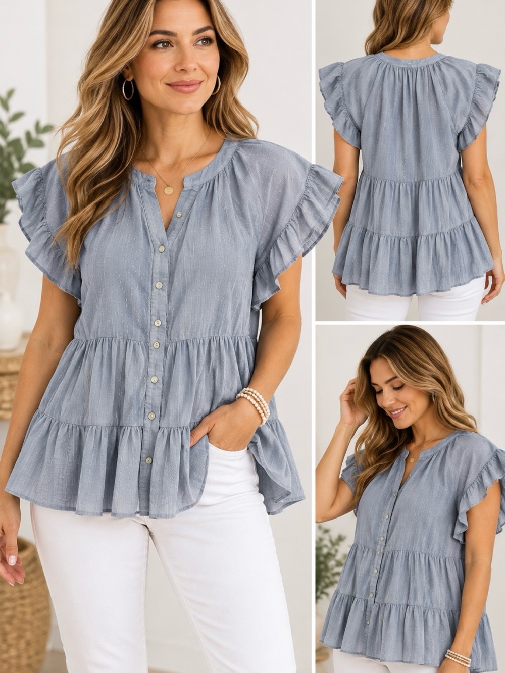 J.Jill Blue Cotton Tiered Babydoll Blouse Ruffle Sleeve Boho Cottagecore Top S